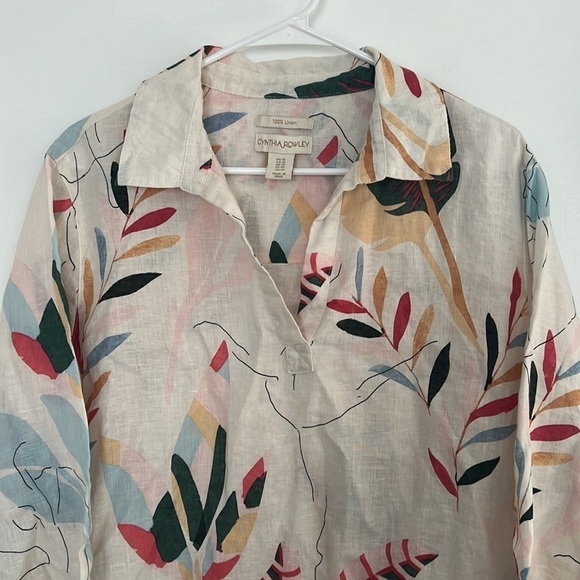 Cynthia Rowley Linen Top Button Down White Floral Size 1X - Picture 2 of 5
